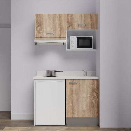 Kitchenette K02L - 120 cm avec plan monobloc, emplacement frigo, hotte et micro-ondes