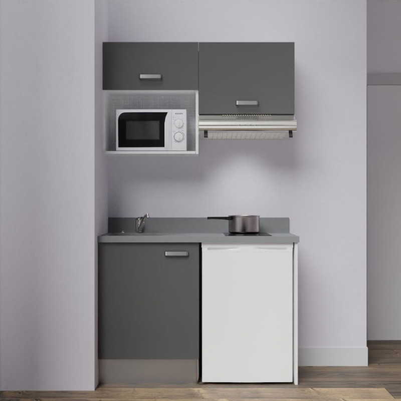 Kitchenette K02L - 120 cm avec plan monobloc, emplacement frigo, hotte et micro-ondes Kitchenette K02L - 120 cm avec plan monobloc, emplacement frigo, hotte et micro-ondes