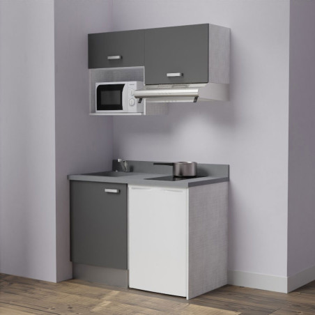 Kitchenette K02L - 120 cm avec plan monobloc, emplacement frigo, hotte et micro-ondes