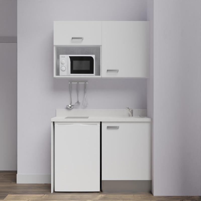 Kitchenette K07L - 120 cm - emplacements frigo top et micro-ondes - meubles coloris blanc, plan monobloc blanc avec évier à droi Kitchenette K07L - 120 cm - emplacements frigo top et micro-ondes - meubles coloris blanc, plan monobloc blanc avec évier à droi