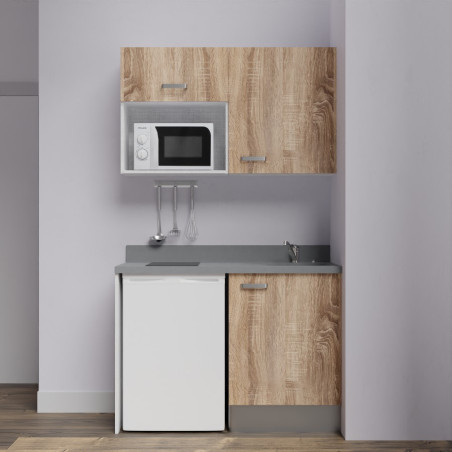 Kitchenette K07L - 120 cm - emplacements frigo top et micro-ondes  - meubles coloris bois, plan monobloc gris avec évier à droit
