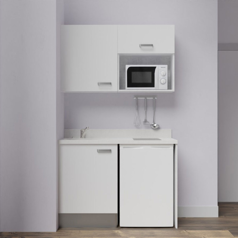 Kitchenette K07L - 120 cm - emplacements frigo top et micro-ondes - meubles coloris blanc, plan monobloc blanc avec évier à gauc Kitchenette K07L - 120 cm - emplacements frigo top et micro-ondes - meubles coloris blanc, plan monobloc blanc avec évier à gauc