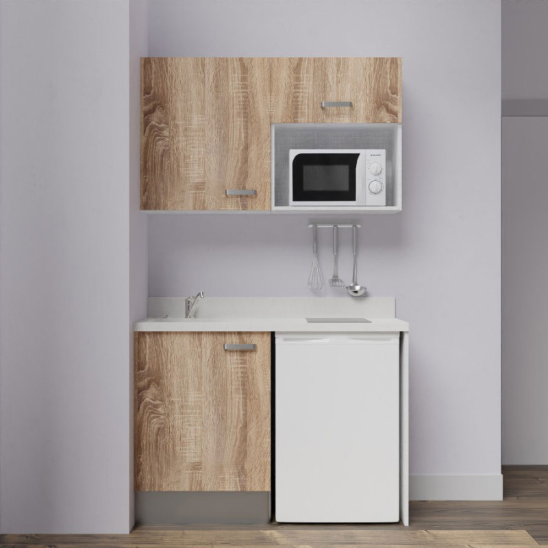 Kitchenette K07L - 120 cm - emplacements frigo top et micro-ondes - meubles coloris bois, plan monobloc blanc avec évier à gauch Kitchenette K07L - 120 cm - emplacements frigo top et micro-ondes - meubles coloris bois, plan monobloc blanc avec évier à gauch