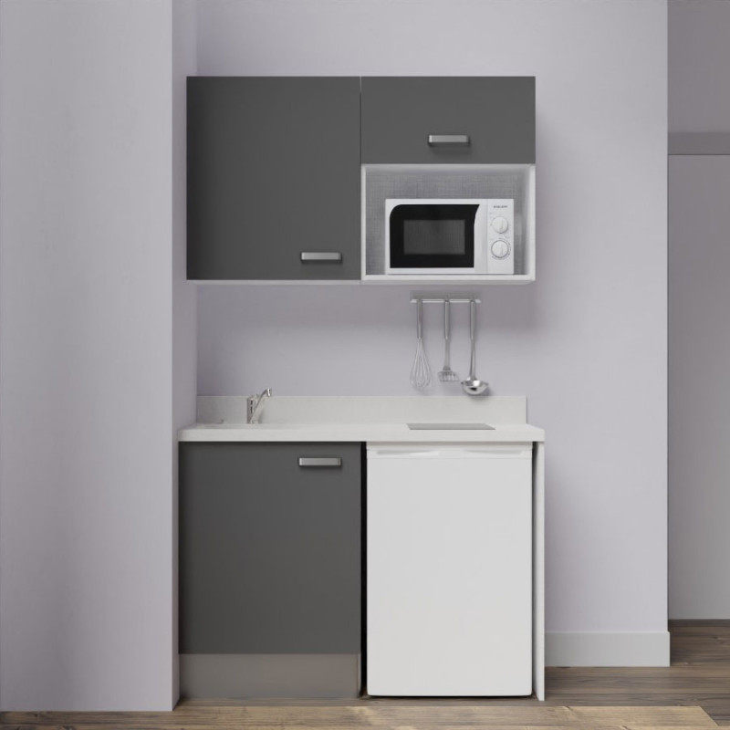 Kitchenette K07L - 120 cm - emplacements frigo top et micro-ondes - meubles coloris gris, plan monobloc blanc avec évier à gauch Kitchenette K07L - 120 cm - emplacements frigo top et micro-ondes - meubles coloris gris, plan monobloc blanc avec évier à gauch