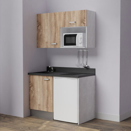 Kitchenette K07L - 120 cm - emplacements frigo top et micro-ondes - meubles coloris bois, plan monobloc noir avec évier à gauche