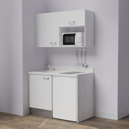 Kitchenette K07L - 120 cm - emplacements frigo top et micro-ondes - meubles coloris blanc, plan monobloc blanc avec évier à gauc