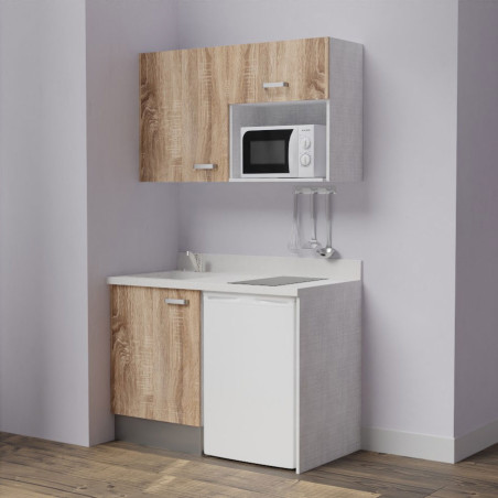 Kitchenette K07L - 120 cm - emplacements frigo top et micro-ondes - meubles coloris bois, plan monobloc blanc avec évier à gauch