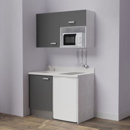 Kitchenette K07L - 120 cm - emplacements frigo top et micro-ondes  - meubles coloris gris, plan monobloc blanc avec évier à gauc