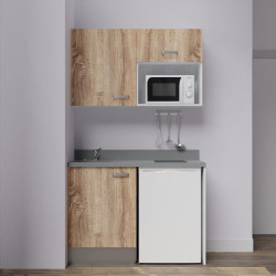 Kitchenette K07L - 120 cm - emplacements frigo top et micro-ondes  - meubles coloris bois, plan monobloc gris avec évier à gauch