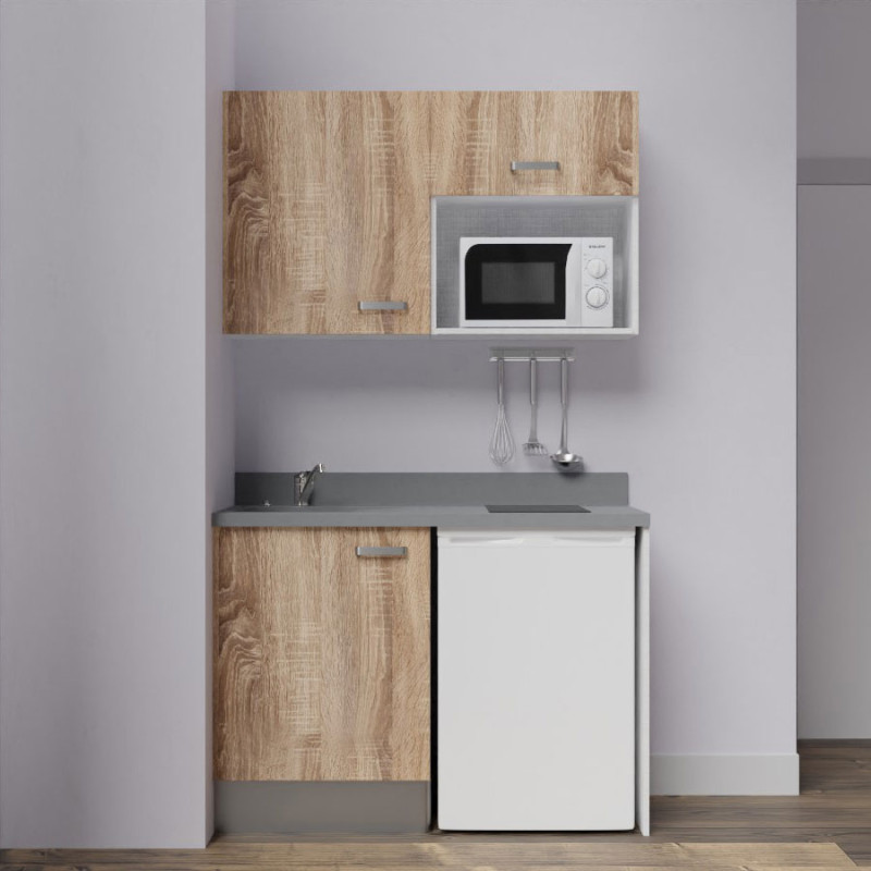 Kitchenette K07L - 120 cm - emplacements frigo top et micro-ondes - meubles coloris bois, plan monobloc gris avec évier à gauch Kitchenette K07L - 120 cm - emplacements frigo top et micro-ondes - meubles coloris bois, plan monobloc gris avec évier à gauch