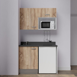 Kitchenette K07L - 120 cm - emplacements frigo top et micro-ondes  - meubles coloris bois, plan monobloc noir avec évier à gauch