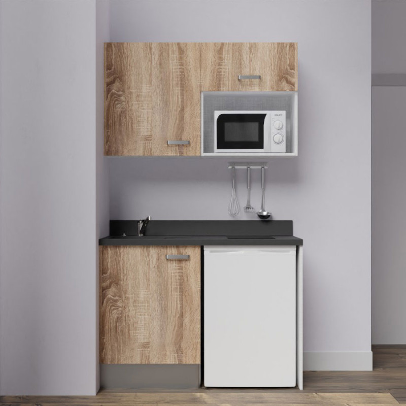 Kitchenette K07L - 120 cm - emplacements frigo top et micro-ondes - meubles coloris bois, plan monobloc noir avec évier à gauch Kitchenette K07L - 120 cm - emplacements frigo top et micro-ondes - meubles coloris bois, plan monobloc noir avec évier à gauch