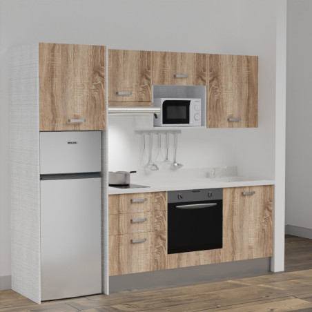 Kitchenette K37L - 240 cm - emplacements four, micro-ondes, hotte et frigo meubles chêne+ monobloc blanc évier à droite