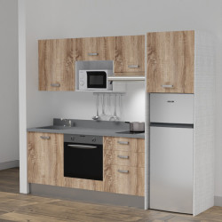 Kitchenette K37L - 240 cm - emplacements four, micro-ondes, hotte et frigo meubles chêne + monobloc gris évier à gauche