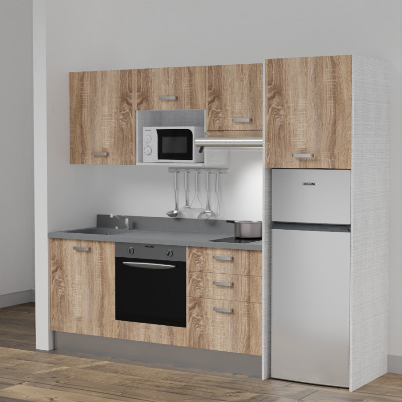 Kitchenette K37L - 240 cm - emplacements four, micro-ondes, hotte et frigo meubles chêne + monobloc gris évier à gauche Kitchenette K37L - 240 cm - emplacements four, micro-ondes, hotte et frigo meubles chêne + monobloc gris évier à gauche