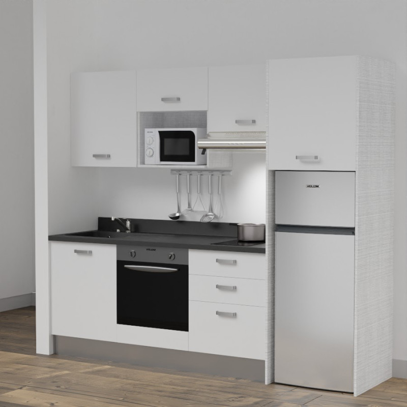 Kitchenette K37L - 240 cm - emplacements four, micro-ondes, hotte et frigo meubles blanc + monobloc noir évier à gauche Kitchenette K37L - 240 cm - emplacements four, micro-ondes, hotte et frigo meubles blanc + monobloc noir évier à gauche