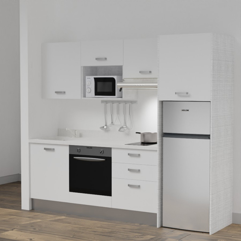 Kitchenette K37L - 240 cm - emplacements four, micro-ondes, hotte et frigo meubles blanc + monobloc blanc évier à gauche Kitchenette K37L - 240 cm - emplacements four, micro-ondes, hotte et frigo meubles blanc + monobloc blanc évier à gauche