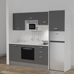 Kitchenette K37L - 240 cm - emplacements four, micro-ondes, hotte et frigo meubles gris + monobloc blanc évier à gauche