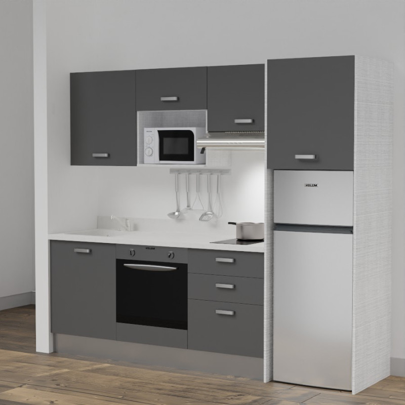 Kitchenette K37L - 240 cm - emplacements four, micro-ondes, hotte et frigo meubles gris + monobloc blanc évier à gauche Kitchenette K37L - 240 cm - emplacements four, micro-ondes, hotte et frigo meubles gris + monobloc blanc évier à gauche