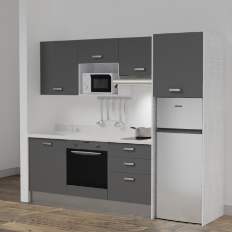 Kitchenette K37L - 240 cm - emplacements four, micro-ondes, hotte et frigo meubles gris + monobloc blanc évier à gauche
