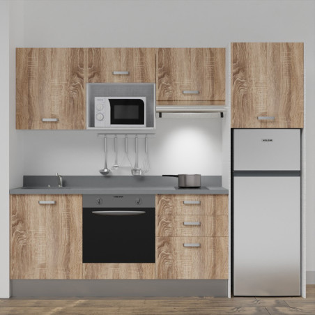 Kitchenette K37L - 240 cm - emplacements four, micro-ondes, hotte et frigo meubles chêne + monobloc gris évier à gauche