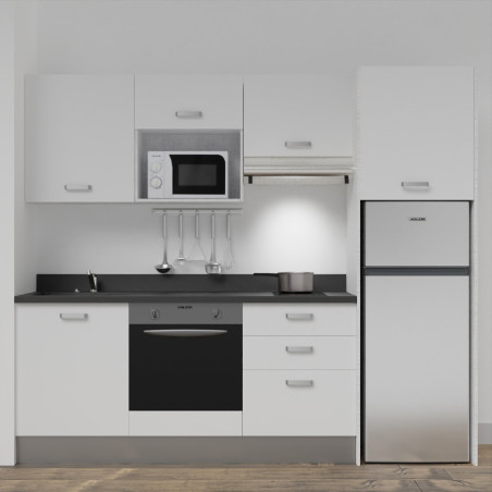 Kitchenette K37L - 240 cm - emplacements four, micro-ondes, hotte et frigo meubles blanc + monobloc noir évier à gauche