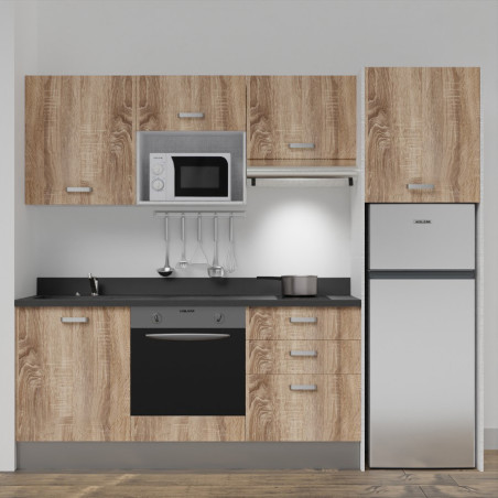 Kitchenette K37L - 240 cm - emplacements four, micro-ondes, hotte et frigo meubles chêne + monobloc noir évier à gauche
