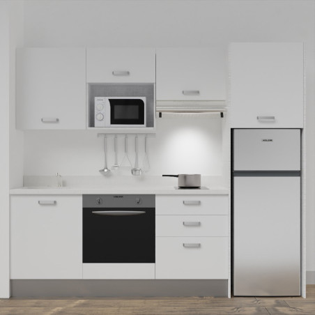 Kitchenette K37L - 240 cm - emplacements four, micro-ondes, hotte et frigo meubles blanc + monobloc blanc évier à gauche