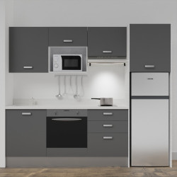 Kitchenette K37L - 240 cm - emplacements four, micro-ondes, hotte et frigo meubles gris + monobloc blanc évier à gauche