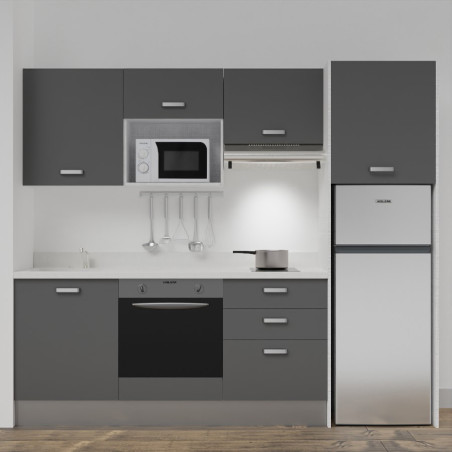 Kitchenette K37L - 240 cm - emplacements four, micro-ondes, hotte et frigo meubles gris + monobloc blanc évier à gauche