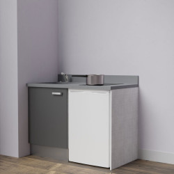 Kitchenette K08L - 120 cm avec emplacement frigo top - meuble bas couleur gris - bloc évier en quartz gris