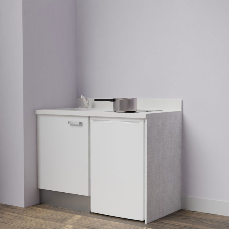 Kitchenette K08L - 120 cm avec emplacement frigo top - meuble bas couleur blanc - bloc évier en quartz blanc Kitchenette K08L - 120 cm avec emplacement frigo top - meuble bas couleur blanc - bloc évier en quartz blanc