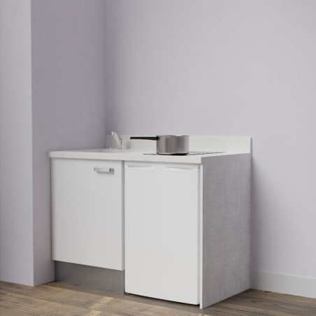 Kitchenette K08L - 120 cm avec emplacement frigo top - meuble bas couleur blanc - bloc évier en quartz blanc