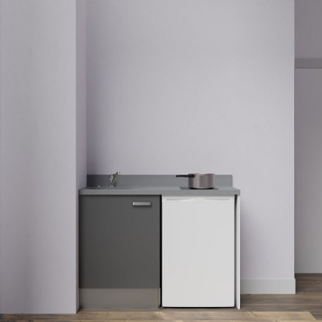 Kitchenette K08L - 120 cm avec emplacement frigo top - meuble bas couleur gris - bloc évier en quartz gris