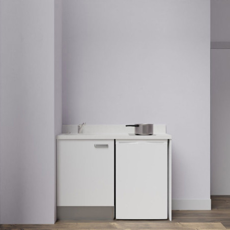 Kitchenette K08L - 120 cm avec emplacement frigo top - meuble bas couleur blanc - bloc évier en quartz blanc