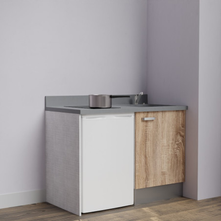 Kitchenette K08L - 120 cm emplacement frigo top - meuble bas couleur bois - bloc évier en quartz gris