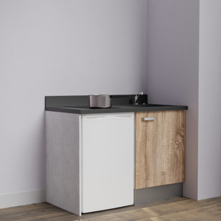 Kitchenette K08L - 120 cm emplacement frigo top - meuble bas couleur bois - bloc évier en quartz noir