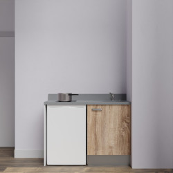 Kitchenette K08L - 120 cm  emplacement frigo top - meuble bas couleur bois - bloc évier en quartz gris