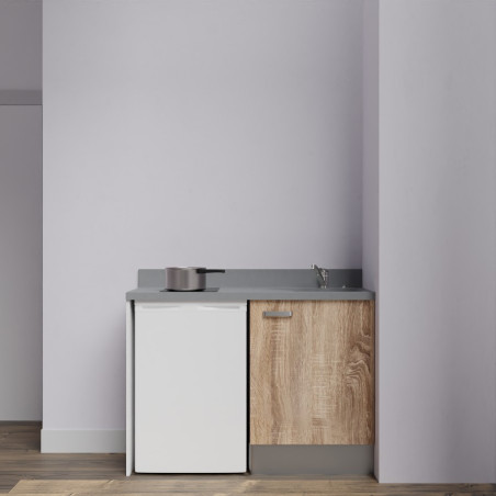 Kitchenette K08L - 120 cm  emplacement frigo top - meuble bas couleur bois - bloc évier en quartz gris
