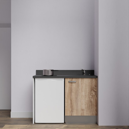 Kitchenette K08L - 120 cm emplacement frigo top - meuble bas couleur bois - bloc évier en quartz noir