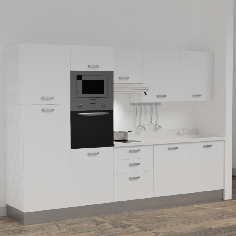 Kitchenette K46L - 300 cm - emplacements four, micro-ondes, hotte - meubles blanc, planiquartz blanc - évier à droite Kitchenette K46L - 300 cm - emplacements four, micro-ondes, hotte - meubles blanc, planiquartz blanc - évier à droite