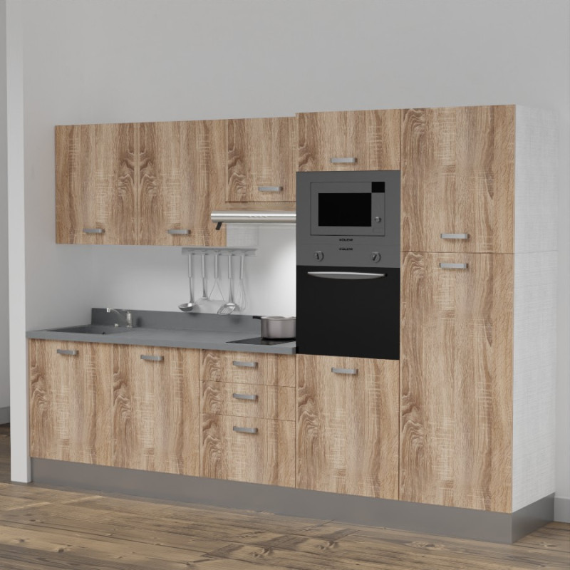 Kitchenette K46L - 300 cm - emplacements four, micro-ondes, hotte - meubles chêne, planiquartz gris - évier à gauche Kitchenette K46L - 300 cm - emplacements four, micro-ondes, hotte - meubles chêne, planiquartz gris - évier à gauche
