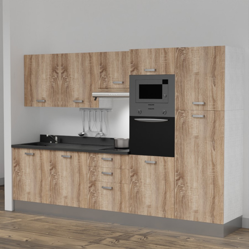 Kitchenette K46L - 300 cm - emplacements four, micro-ondes, hotte - meubles chêne, planiquartz noir - évier à gauche Kitchenette K46L - 300 cm - emplacements four, micro-ondes, hotte - meubles chêne, planiquartz noir - évier à gauche