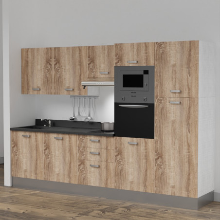 Kitchenette K46L - 300 cm - emplacements four, micro-ondes, hotte - meubles chêne, planiquartz noir - évier à gauche