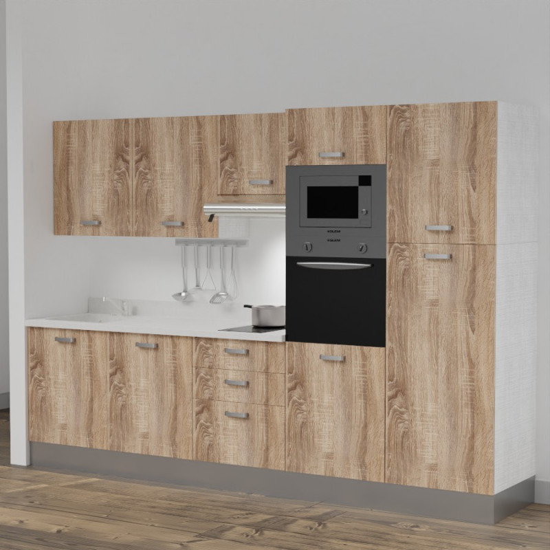 Kitchenette K46L - 300 cm - emplacements four, micro-ondes, hotte - meubles chêne, planiquartz blanc - évier à gauche Kitchenette K46L - 300 cm - emplacements four, micro-ondes, hotte - meubles chêne, planiquartz blanc - évier à gauche