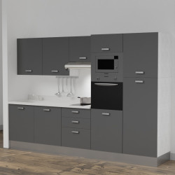Kitchenette K46L - 300 cm - emplacements four, micro-ondes, hotte - meubles gris, planiquartz blanc - évier à gauche