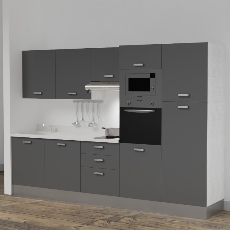 Kitchenette K46L - 300 cm - emplacements four, micro-ondes, hotte - meubles gris, planiquartz blanc - évier à gauche Kitchenette K46L - 300 cm - emplacements four, micro-ondes, hotte - meubles gris, planiquartz blanc - évier à gauche