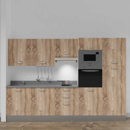 Kitchenette K46L - 300 cm - emplacements four, micro-ondes, hotte - meubles chêne, planiquartz gris - évier à gauche