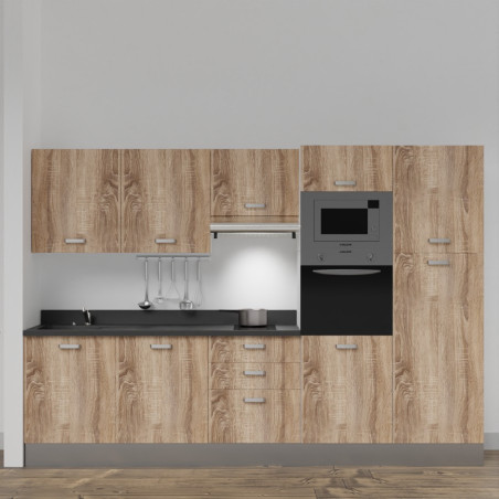 Kitchenette K46L - 300 cm - emplacements four, micro-ondes, hotte - meubles chêne, planiquartz noir - évier à gauche