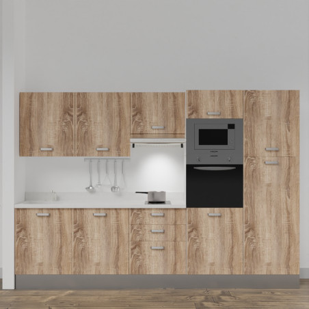Kitchenette K46L - 300 cm - emplacements four, micro-ondes, hotte - meubles chêne, planiquartz blanc - évier à gauche